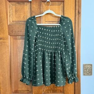 Smocked Square-Neck Peasant Blouse in Forest Green